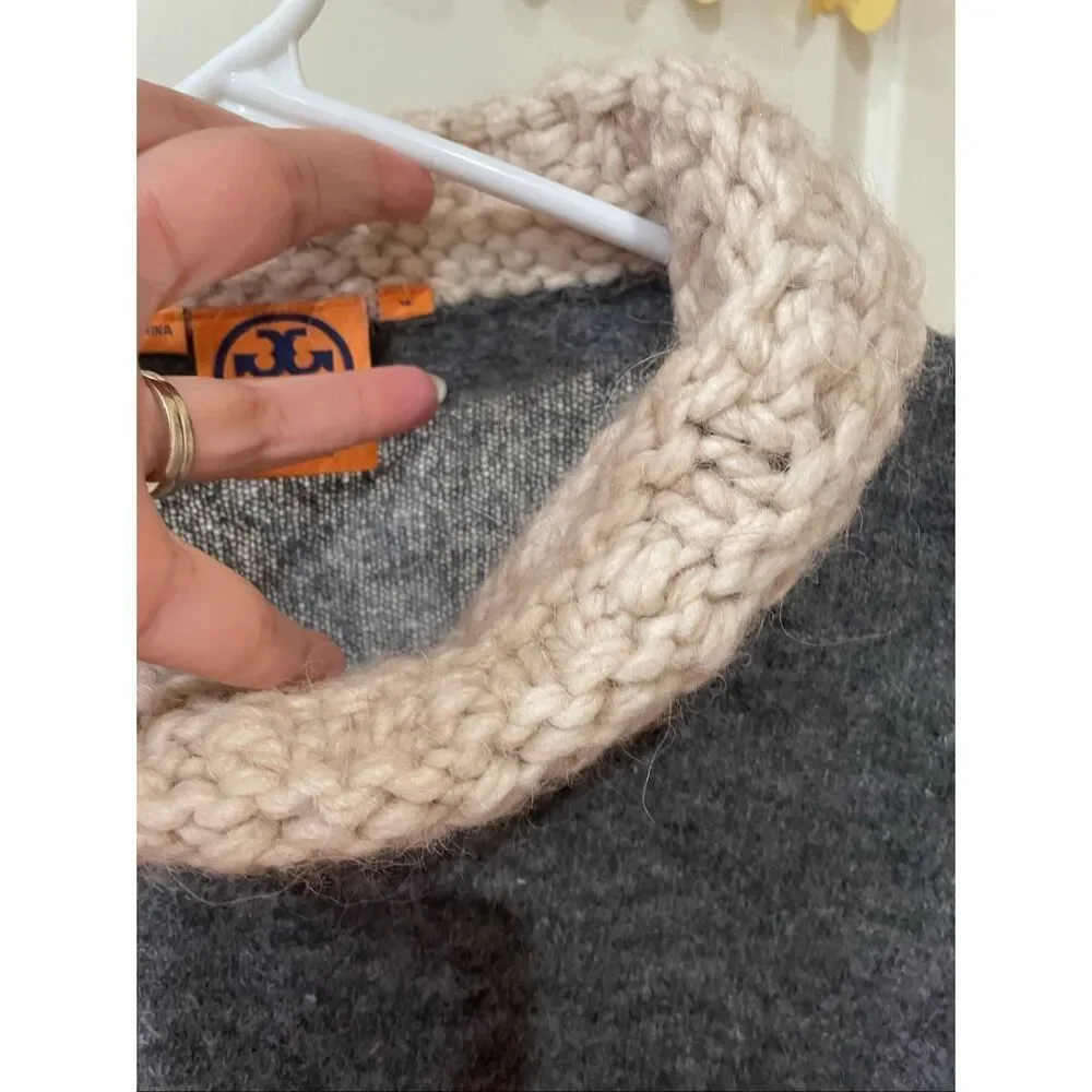 Tory Burch Grey & Off White Cable Knit Neck & Cuffs Turtleneck Sweater